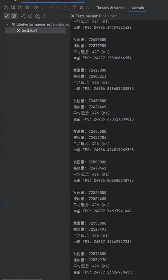 无 Redis 变体点赞写接口压测：TPS 2.5 万，平均延迟 427 ms